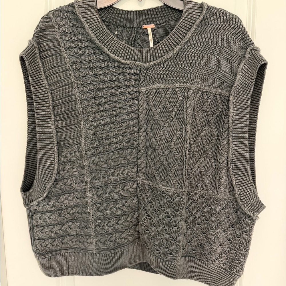 Free People Take The Plunge Sweater Vest Small Gray Mixed Knit Oversized Boho